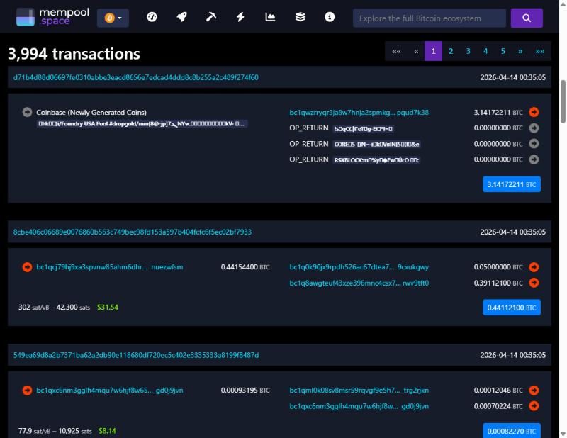 The first transactions in block 945,000: the coinbase payment to the miner, then an ordinary transaction with addresses, amounts, and a fee