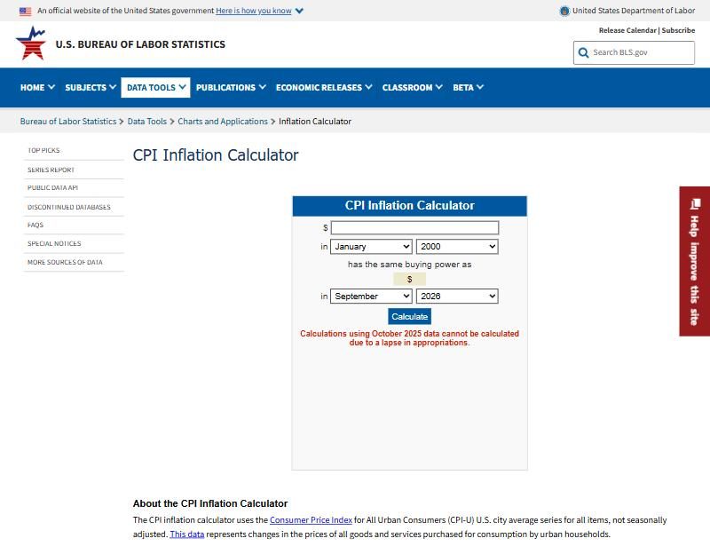 The Bureau of Labor Statistics CPI Inflation Calculator form, with a dollar box and two month-and-year pickers