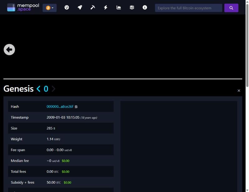The mempool.space page for the Genesis block, block 0, showing the hash and the timestamp 2009-01-03
