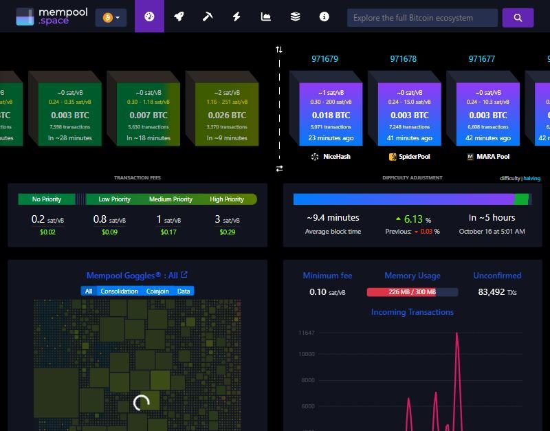 The mempool.space home page with mined blocks on the right, numbered, and pending blocks on the left
